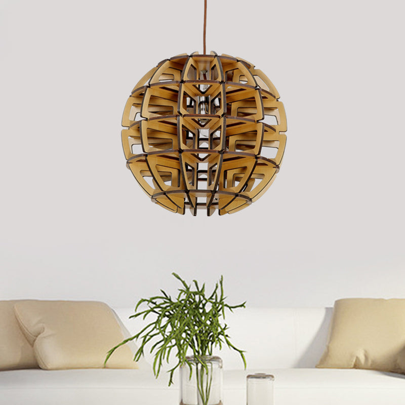 Hand-Worked Beehive Ball Hanging Light Asia Novelty Wood 1-Light Brown Pendant Ceiling Lamp Clearhalo 'Ceiling Lights' 'Pendant Lights' 'Pendants' Lighting' 1457822