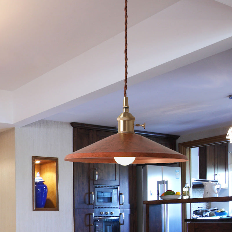 Saucer Shade Iron Hanging Light Rustic 1-Light Dining Room Pendant Lamp in Blue/Red/Silver with Stranded Wire Cord Clearhalo 'Art Deco Pendants' 'Cast Iron' 'Ceiling Lights' 'Ceramic' 'Crystal' 'Industrial Pendants' 'Industrial' 'Metal' 'Middle Century Pendants' 'Pendant Lights' 'Pendants' 'Tiffany' Lighting' 1457846