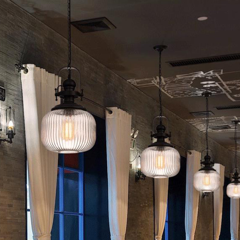 Ovale/Drum Clear Ribbed Glass Pendant Vintage 1 Head Bistro Hanging Ceiling Light in Black Clearhalo 'Ceiling Lights' 'Glass shade' 'Glass' 'Industrial Pendants' 'Industrial' 'Middle Century Pendants' 'Pendant Lights' 'Pendants' 'Tiffany' Lighting' 1457895