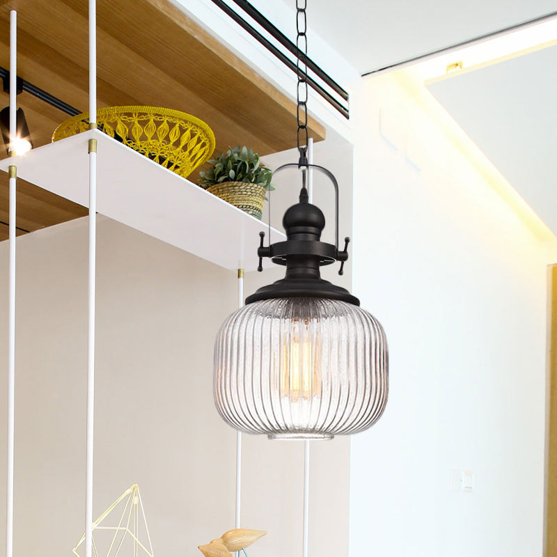 Ovale/Drum Clear Ribbed Glass Pendant Vintage 1 Head Bistro Hanging Ceiling Light in Black Clearhalo 'Ceiling Lights' 'Glass shade' 'Glass' 'Industrial Pendants' 'Industrial' 'Middle Century Pendants' 'Pendant Lights' 'Pendants' 'Tiffany' Lighting' 1457896
