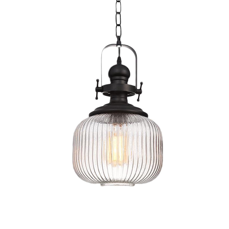 Ovale/Drum Clear Ribbed Glass Pendant Vintage 1 Head Bistro Hanging Ceiling Light in Black Clearhalo 'Ceiling Lights' 'Glass shade' 'Glass' 'Industrial Pendants' 'Industrial' 'Middle Century Pendants' 'Pendant Lights' 'Pendants' 'Tiffany' Lighting' 1457897