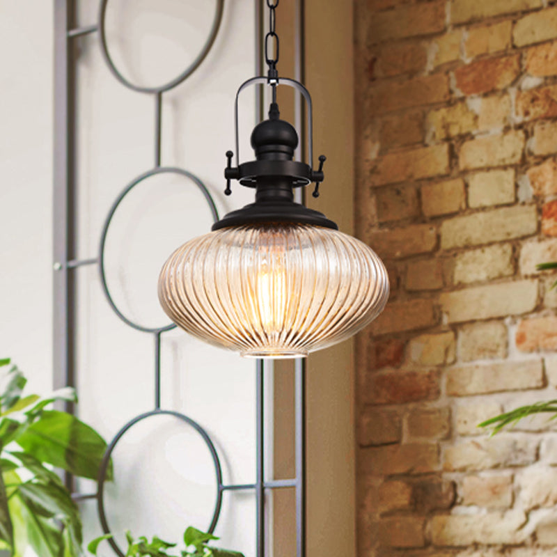 Ovale/Drum Clear Ribbed Glass Pendant Vintage 1 Head Bistro Hanging Ceiling Light in Black Clearhalo 'Ceiling Lights' 'Glass shade' 'Glass' 'Industrial Pendants' 'Industrial' 'Middle Century Pendants' 'Pendant Lights' 'Pendants' 'Tiffany' Lighting' 1457900