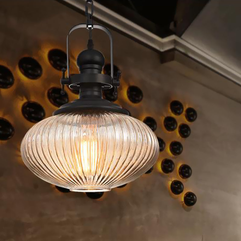Ovale/Drum Clear Ribbed Glass Pendant Vintage 1 Head Bistro Hanging Ceiling Light in Black Clearhalo 'Ceiling Lights' 'Glass shade' 'Glass' 'Industrial Pendants' 'Industrial' 'Middle Century Pendants' 'Pendant Lights' 'Pendants' 'Tiffany' Lighting' 1457901