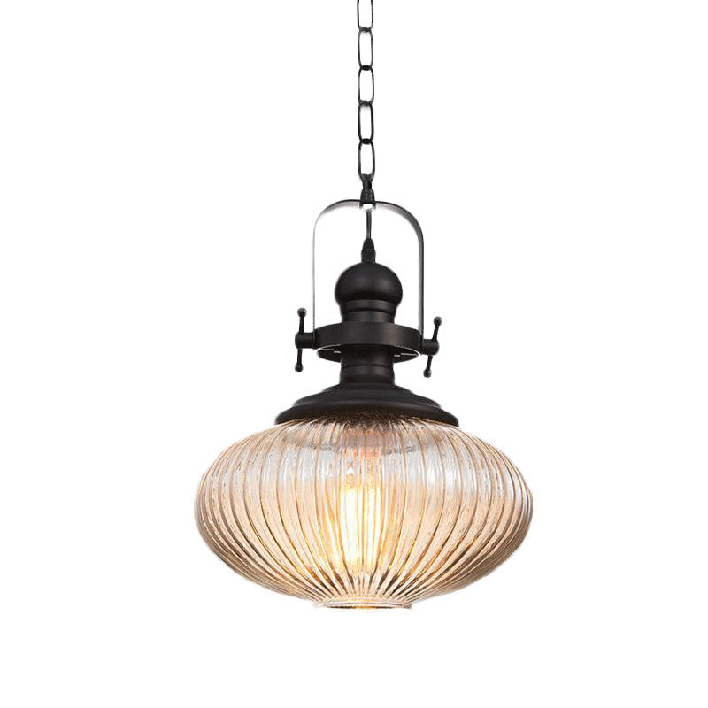 Ovale/Drum Clear Ribbed Glass Pendant Vintage 1 Head Bistro Hanging Ceiling Light in Black Clearhalo 'Ceiling Lights' 'Glass shade' 'Glass' 'Industrial Pendants' 'Industrial' 'Middle Century Pendants' 'Pendant Lights' 'Pendants' 'Tiffany' Lighting' 1457902