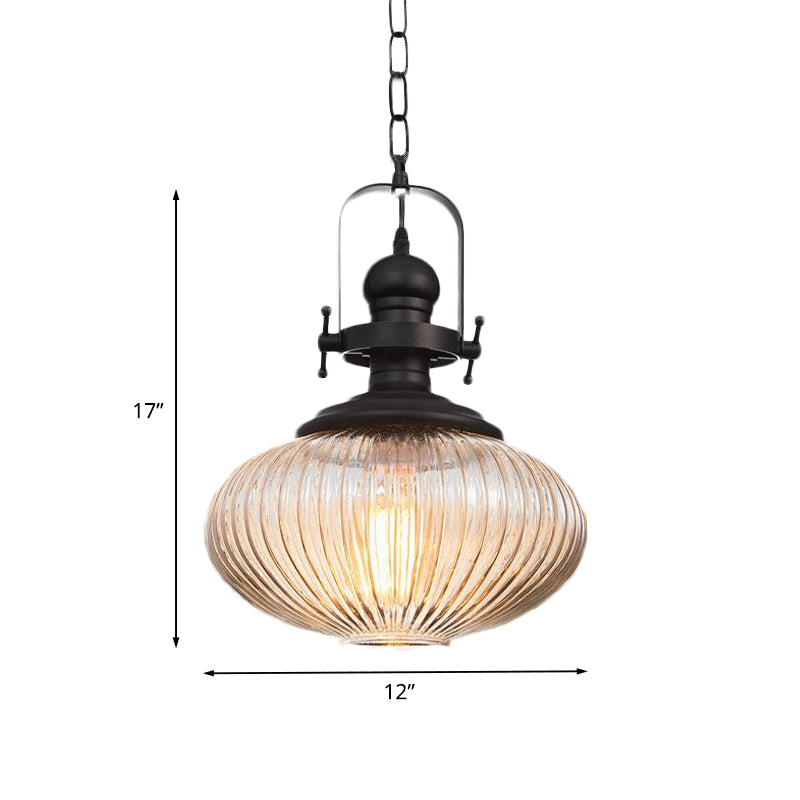 Ovale/Drum Clear Ribbed Glass Pendant Vintage 1 Head Bistro Hanging Ceiling Light in Black Clearhalo 'Ceiling Lights' 'Glass shade' 'Glass' 'Industrial Pendants' 'Industrial' 'Middle Century Pendants' 'Pendant Lights' 'Pendants' 'Tiffany' Lighting' 1457903