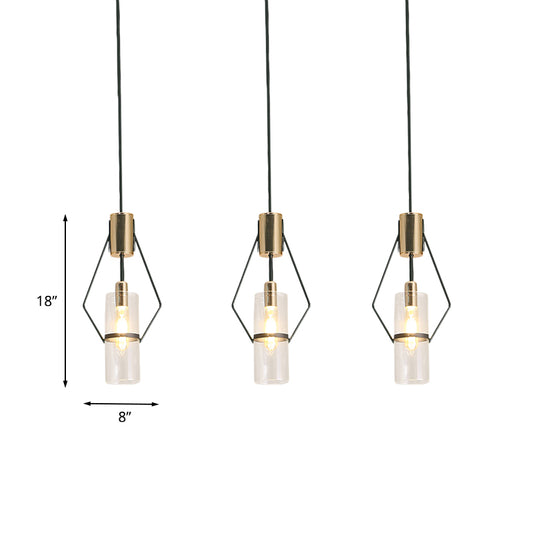 Gold 3-Light Multi Hanging Light Vintage Metal Diamond Frame Pendant Lamp with Tube Glass Shade and Round/Linear Canopy Clearhalo 'Ceiling Lights' 'Chandeliers' 'Glass shade' 'Glass' 'Industrial Pendants' 'Industrial' 'Middle Century Pendants' 'Pendant Lights' 'Pendants' 'Tiffany' Lighting' 1457930