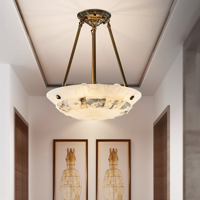 Vintage Patchwork Drum/Bowl Drop Lamp 4-Head Opal Matte Glass Ceiling Chandelier in Brass for Bedroom Clearhalo 'Ceiling Lights' 'Chandeliers' 'Close To Ceiling Lights' 'Glass shade' 'Glass' Lighting' 1457981