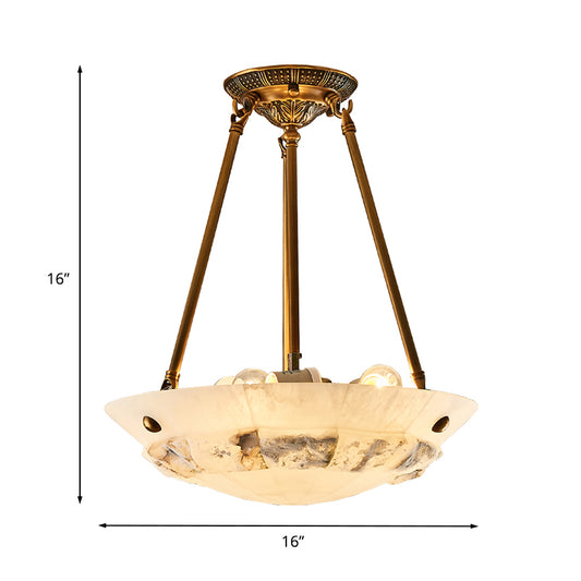 Vintage Patchwork Drum/Bowl Drop Lamp 4-Head Opal Matte Glass Ceiling Chandelier in Brass for Bedroom Clearhalo 'Ceiling Lights' 'Chandeliers' 'Close To Ceiling Lights' 'Glass shade' 'Glass' Lighting' 1457984