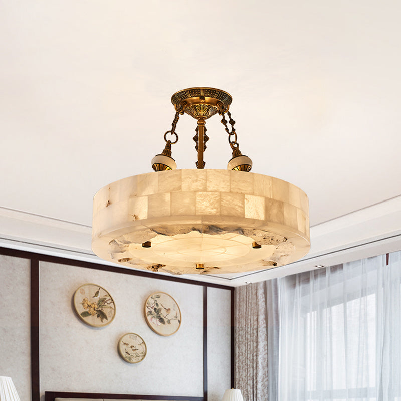 Vintage Patchwork Drum/Bowl Drop Lamp 4-Head Opal Matte Glass Ceiling Chandelier in Brass for Bedroom Clearhalo 'Ceiling Lights' 'Chandeliers' 'Close To Ceiling Lights' 'Glass shade' 'Glass' Lighting' 1457987