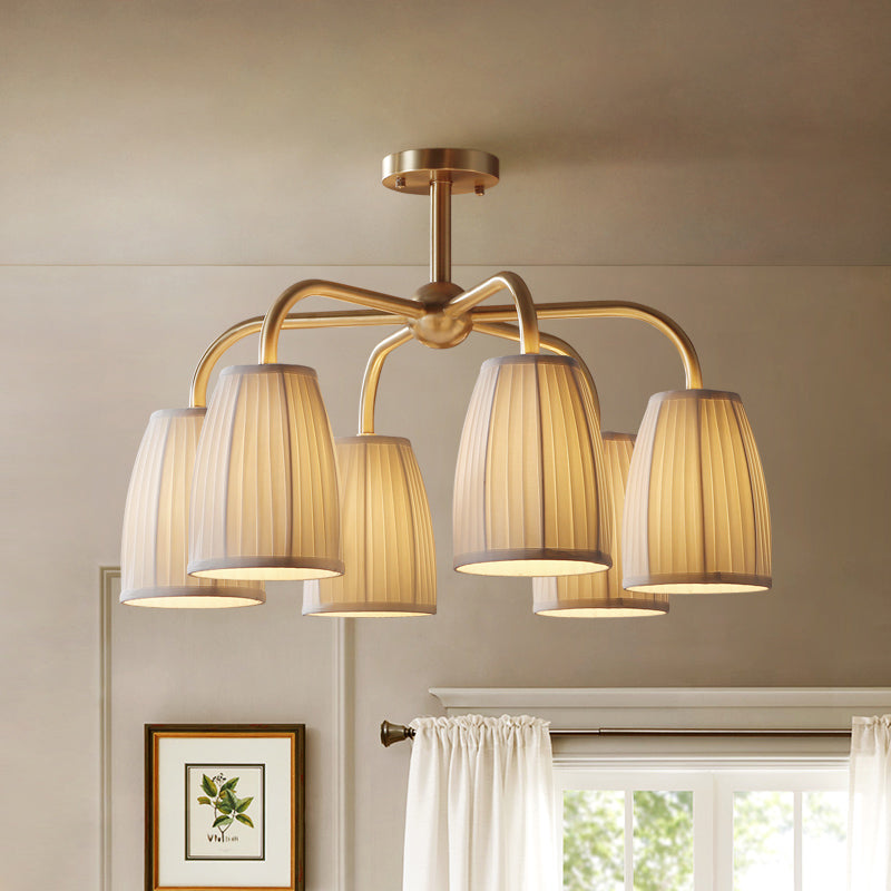 Gold 4/6 Lights Flush Chandelier Countryside Gathered Fabric Bell Shaped Hanging Light Fixture 6 Gold Clearhalo 'Ceiling Lights' 'Close To Ceiling Lights' 'Close to ceiling' 'Semi-flushmount' Lighting' 1458005