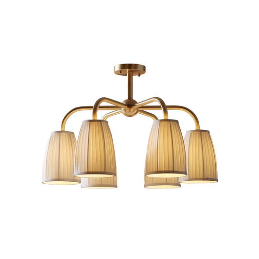 Gold 4/6 Lights Flush Chandelier Countryside Gathered Fabric Bell Shaped Hanging Light Fixture Clearhalo 'Ceiling Lights' 'Close To Ceiling Lights' 'Close to ceiling' 'Semi-flushmount' Lighting' 1458007