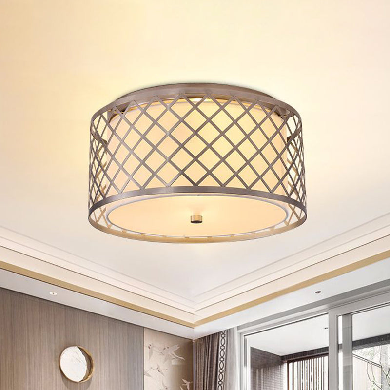 Nickel Crisscrossed Woven Drum Ceiling Flush Rustic Fabric 2 Bulbs Bedroom Flush mount Light Fixture Nickel Clearhalo 'Ceiling Lights' 'Close To Ceiling Lights' 'Close to ceiling' 'Flush mount' Lighting' 1458013