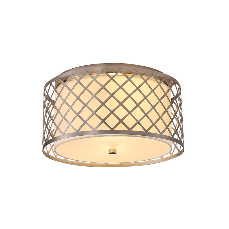 Nickel Crisscrossed Woven Drum Ceiling Flush Rustic Fabric 2 Bulbs Bedroom Flush mount Light Fixture Clearhalo 'Ceiling Lights' 'Close To Ceiling Lights' 'Close to ceiling' 'Flush mount' Lighting' 1458016