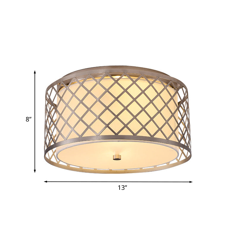 Nickel Crisscrossed Woven Drum Ceiling Flush Rustic Fabric 2 Bulbs Bedroom Flush mount Light Fixture Clearhalo 'Ceiling Lights' 'Close To Ceiling Lights' 'Close to ceiling' 'Flush mount' Lighting' 1458017