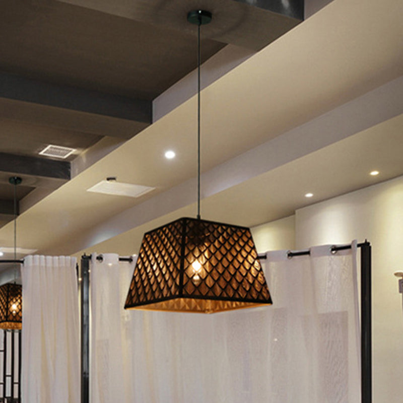 Single Trapezoidal Trellis Cage Pendant Industrial Black Iron Ceiling Suspension Lamp Clearhalo 'Ceiling Lights' 'Pendant Lights' 'Pendants' Lighting' 1458019