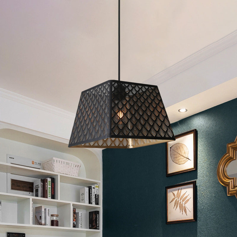 Single Trapezoidal Trellis Cage Pendant Industrial Black Iron Ceiling Suspension Lamp Clearhalo 'Ceiling Lights' 'Pendant Lights' 'Pendants' Lighting' 1458020