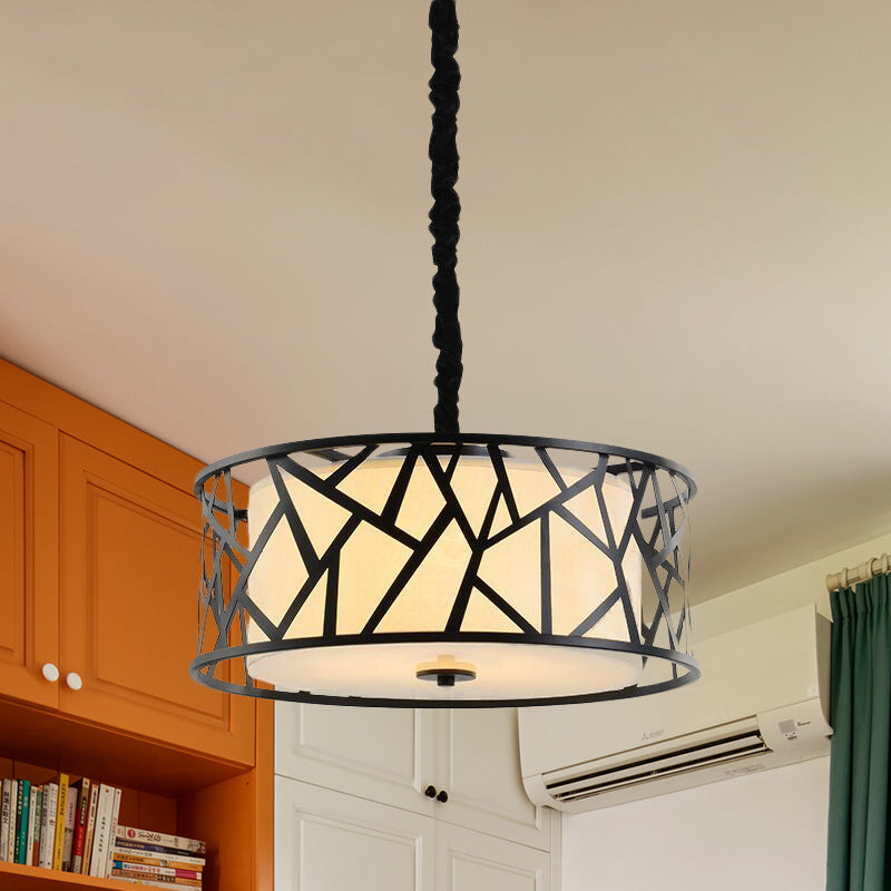 Iron Cage Drum Pendant Lighting Vintage 5-Head Dining Room Ceiling Light in Black with Fabric Shade Inside Clearhalo 'Ceiling Lights' 'Pendant Lights' 'Pendants' Lighting' 1458028