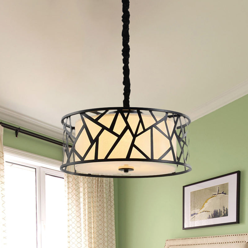 Iron Cage Drum Pendant Lighting Vintage 5-Head Dining Room Ceiling Light in Black with Fabric Shade Inside Clearhalo 'Ceiling Lights' 'Pendant Lights' 'Pendants' Lighting' 1458029