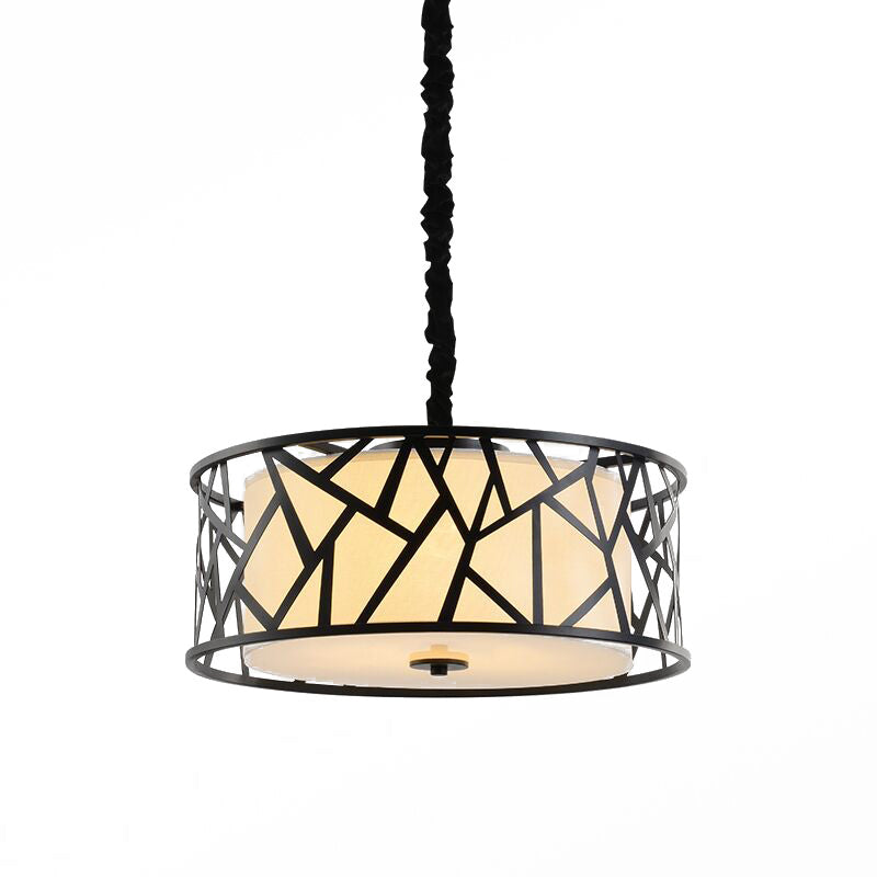 Iron Cage Drum Pendant Lighting Vintage 5-Head Dining Room Ceiling Light in Black with Fabric Shade Inside Clearhalo 'Ceiling Lights' 'Pendant Lights' 'Pendants' Lighting' 1458031