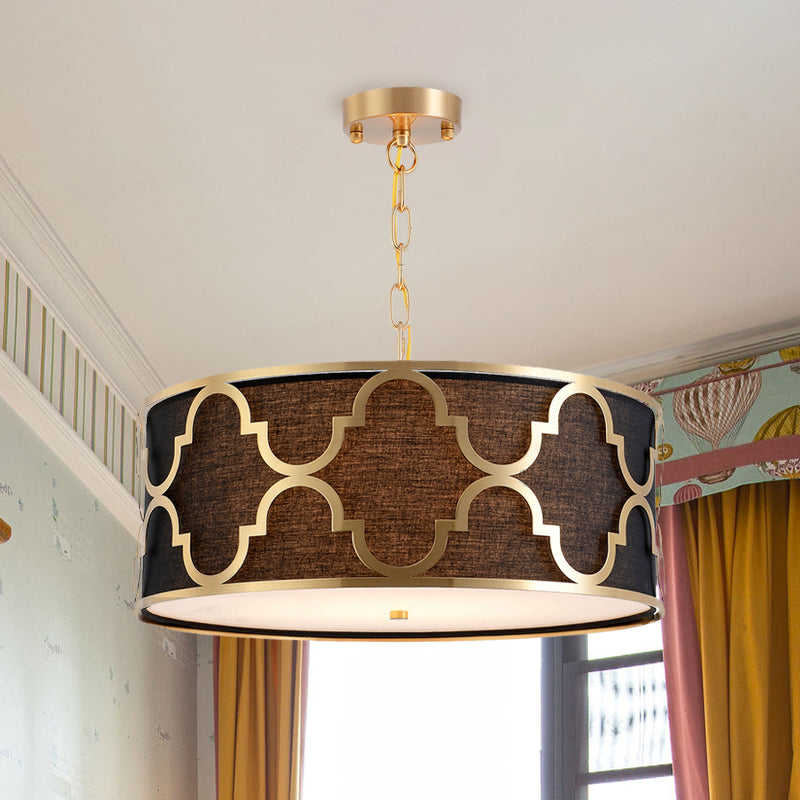 Fabric Brown Chandelier Pendant Drum Shaped 4/5 Bulbs Traditional Hanging Light Kit with Quatrefoil Cage Guard 4 Brown Clearhalo 'Ceiling Lights' 'Chandeliers' Lighting' options 1458033_23e71432-55a6-4a9a-bfbf-d026f6245823