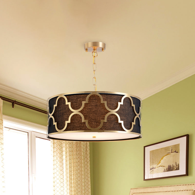 Fabric Brown Chandelier Pendant Drum Shaped 4/5 Bulbs Traditional Hanging Light Kit with Quatrefoil Cage Guard Clearhalo 'Ceiling Lights' 'Chandeliers' Lighting' options 1458034