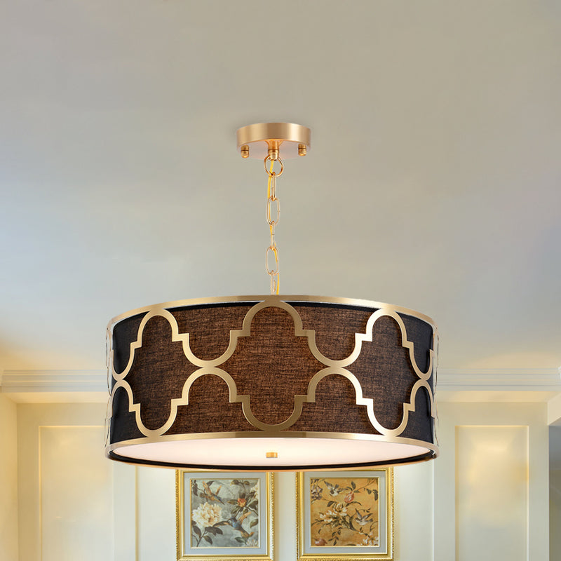 Fabric Brown Chandelier Pendant Drum Shaped 4/5 Bulbs Traditional Hanging Light Kit with Quatrefoil Cage Guard Clearhalo 'Ceiling Lights' 'Chandeliers' Lighting' options 1458035