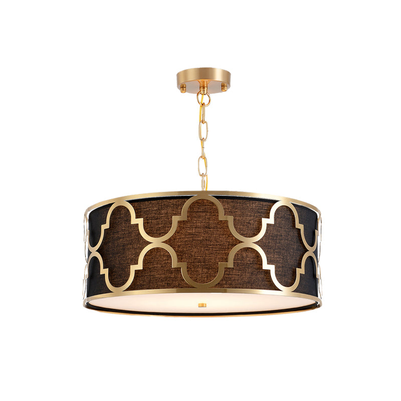 Fabric Brown Chandelier Pendant Drum Shaped 4/5 Bulbs Traditional Hanging Light Kit with Quatrefoil Cage Guard Clearhalo 'Ceiling Lights' 'Chandeliers' Lighting' options 1458036