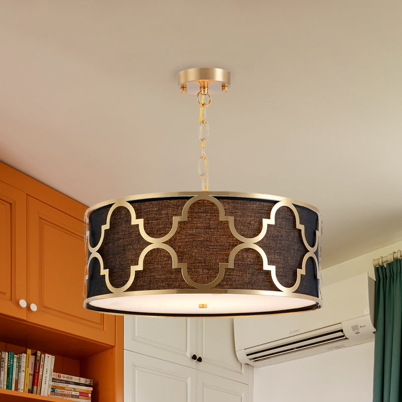 Fabric Brown Chandelier Pendant Drum Shaped 4/5 Bulbs Traditional Hanging Light Kit with Quatrefoil Cage Guard Clearhalo 'Ceiling Lights' 'Chandeliers' Lighting' options 1458038