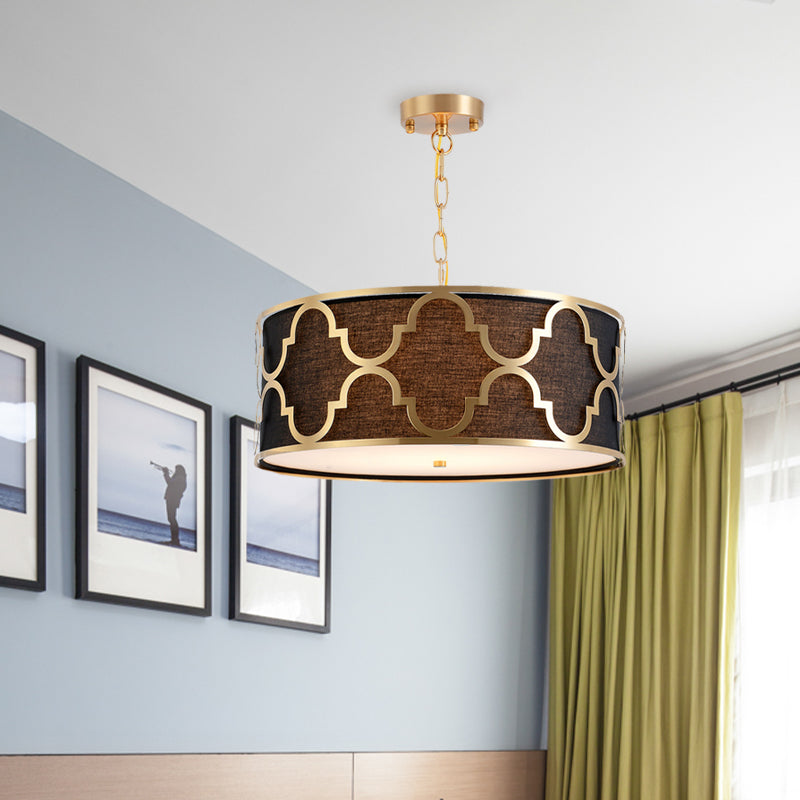 Fabric Brown Chandelier Pendant Drum Shaped 4/5 Bulbs Traditional Hanging Light Kit with Quatrefoil Cage Guard Clearhalo 'Ceiling Lights' 'Chandeliers' Lighting' options 1458039