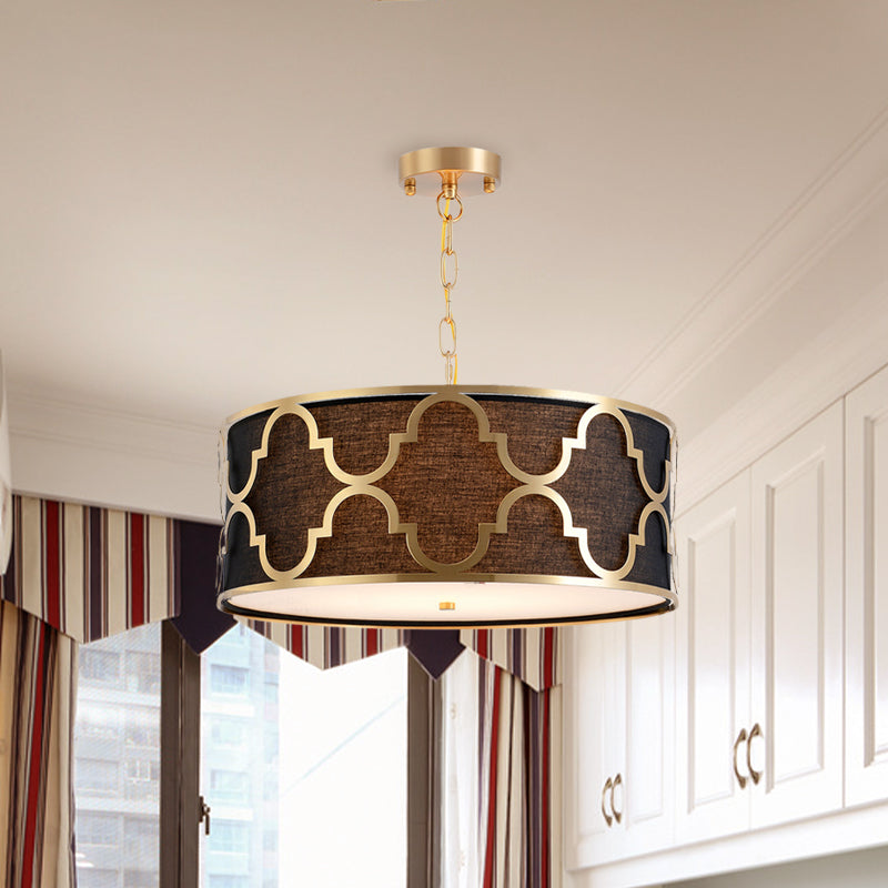 Fabric Brown Chandelier Pendant Drum Shaped 4/5 Bulbs Traditional Hanging Light Kit with Quatrefoil Cage Guard Clearhalo 'Ceiling Lights' 'Chandeliers' Lighting' options 1458040