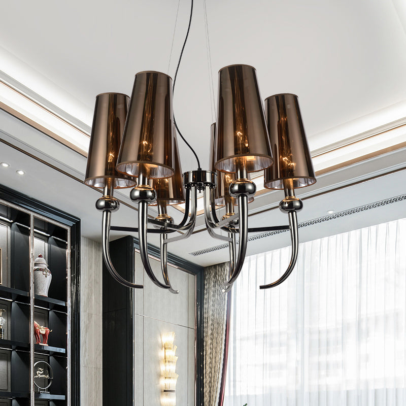 6 Bulbs Deep Cone Chandelier Light Rustic Black Iron Hanging Pendant with Horn Decor Clearhalo 'Ceiling Lights' 'Chandeliers' Lighting' options 1458044