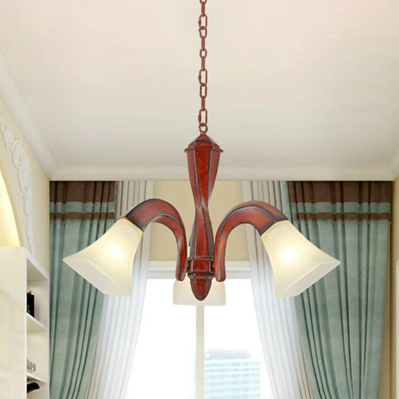 Curving Dining Room Suspension Light Traditional Wood 3-Light Brown Chandelier with Square Flare Milk Glass Lamp Shade Brown Clearhalo 'Ceiling Lights' 'Chandeliers' Lighting' options 1458087_ff4b8ff5-0b7a-4eae-99f9-76f3b18ddc26