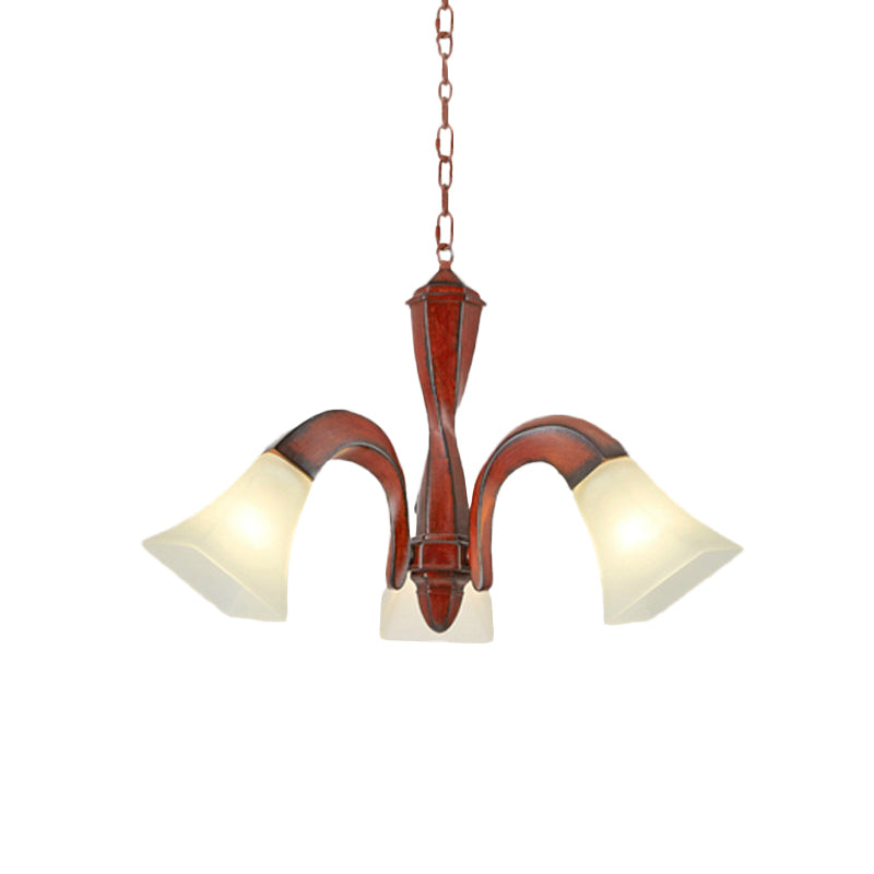 Curving Dining Room Suspension Light Traditional Wood 3-Light Brown Chandelier with Square Flare Milk Glass Lamp Shade Clearhalo 'Ceiling Lights' 'Chandeliers' Lighting' options 1458090