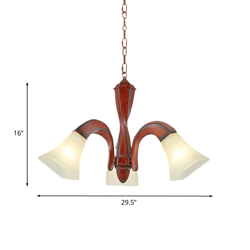 Curving Dining Room Suspension Light Traditional Wood 3-Light Brown Chandelier with Square Flare Milk Glass Lamp Shade Clearhalo 'Ceiling Lights' 'Chandeliers' Lighting' options 1458091