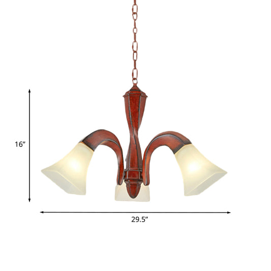 Curving Dining Room Suspension Light Traditional Wood 3-Light Brown Chandelier with Square Flare Milk Glass Lamp Shade Clearhalo 'Ceiling Lights' 'Chandeliers' Lighting' options 1458091