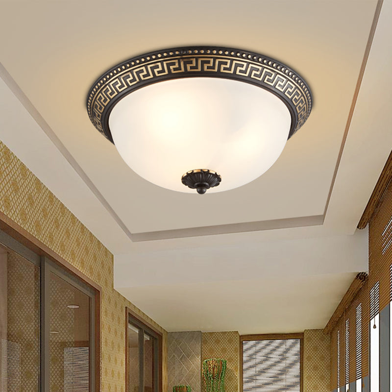 Dome Opaline Glass Ceiling Lighting Retro 2/3-Bulb Bedroom Flush Mount Light Fixture with Swastika Pattern in Black-Gold Clearhalo 'Ceiling Lights' 'Close To Ceiling Lights' 'Close to ceiling' 'Flush mount' Lighting' 1458093