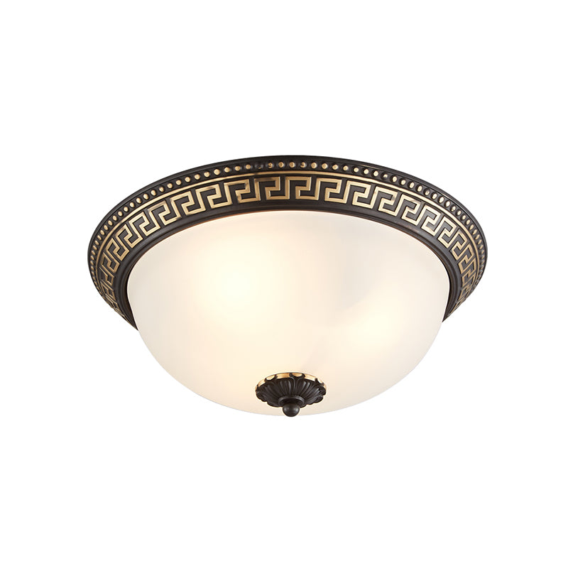 Dome Opaline Glass Ceiling Lighting Retro 2/3-Bulb Bedroom Flush Mount Light Fixture with Swastika Pattern in Black-Gold Clearhalo 'Ceiling Lights' 'Close To Ceiling Lights' 'Close to ceiling' 'Flush mount' Lighting' 1458095