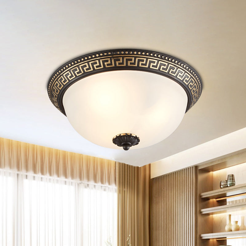 Dome Opaline Glass Ceiling Lighting Retro 2/3-Bulb Bedroom Flush Mount Light Fixture with Swastika Pattern in Black-Gold Clearhalo 'Ceiling Lights' 'Close To Ceiling Lights' 'Close to ceiling' 'Flush mount' Lighting' 1458099