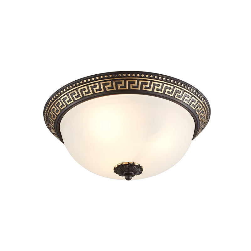 Dome Opaline Glass Ceiling Lighting Retro 2/3-Bulb Bedroom Flush Mount Light Fixture with Swastika Pattern in Black-Gold Clearhalo 'Ceiling Lights' 'Close To Ceiling Lights' 'Close to ceiling' 'Flush mount' Lighting' 1458100