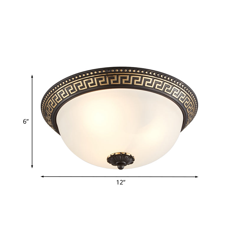 Dome Opaline Glass Ceiling Lighting Retro 2/3-Bulb Bedroom Flush Mount Light Fixture with Swastika Pattern in Black-Gold Clearhalo 'Ceiling Lights' 'Close To Ceiling Lights' 'Close to ceiling' 'Flush mount' Lighting' 1458101