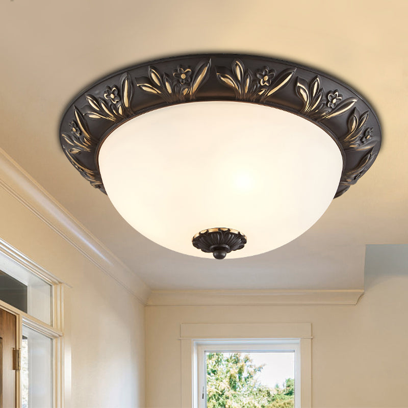 2/3 Bulbs Flush Mount Traditional Cloche Ivory Glass Ceiling Lamp with Sculpted Flower Trim in Black/Brass 2 Black Clearhalo 'Ceiling Lights' 'Close To Ceiling Lights' 'Close to ceiling' 'Flush mount' Lighting' 1458102