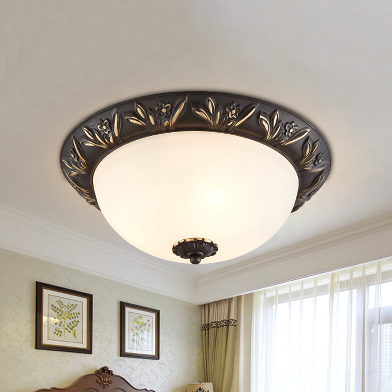 2/3 Bulbs Flush Mount Traditional Cloche Ivory Glass Ceiling Lamp with Sculpted Flower Trim in Black/Brass Clearhalo 'Ceiling Lights' 'Close To Ceiling Lights' 'Close to ceiling' 'Flush mount' Lighting' 1458104