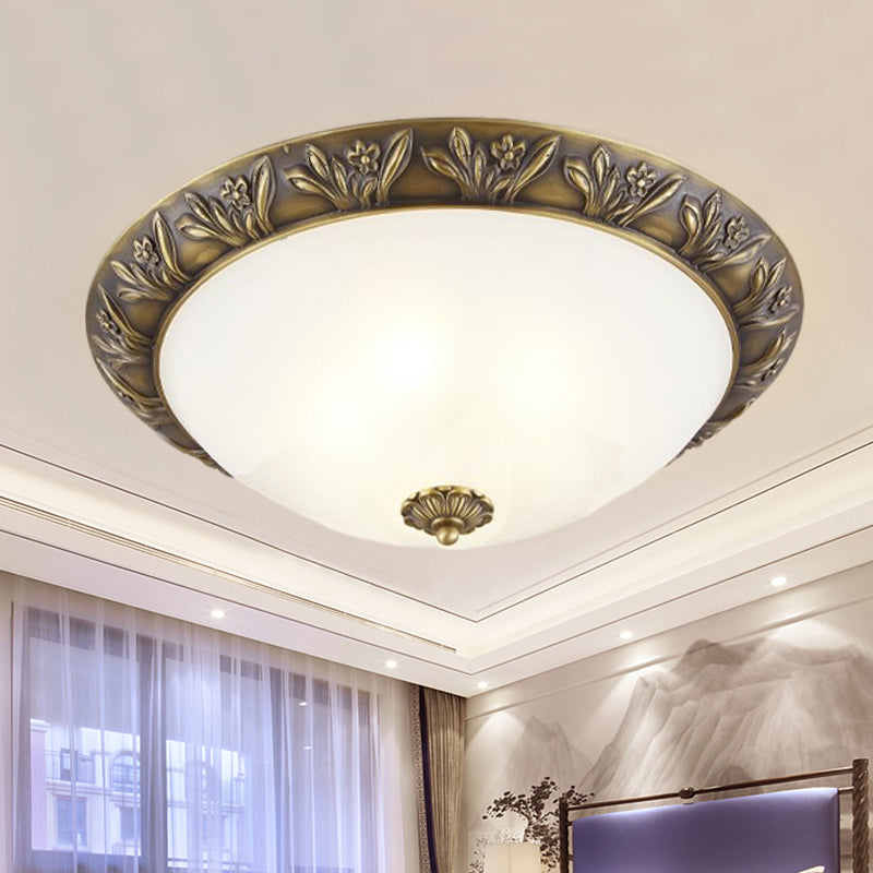 2/3 Bulbs Flush Mount Traditional Cloche Ivory Glass Ceiling Lamp with Sculpted Flower Trim in Black/Brass 3 Brass Clearhalo 'Ceiling Lights' 'Close To Ceiling Lights' 'Close to ceiling' 'Flush mount' Lighting' 1458112