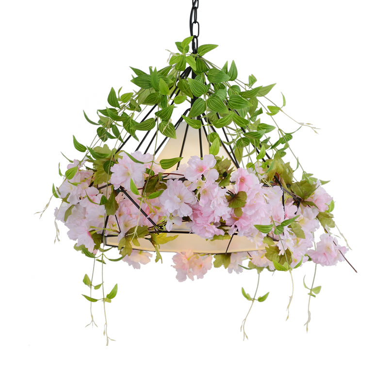 16.5"/19.5" W Black Diamond Cage Suspension Light Vintage Iron 1 Light Flower Restaurant Pendant with Fabric Shade Clearhalo 'Ceiling Lights' 'Pendant Lights' 'Pendants' Lighting' 1458128