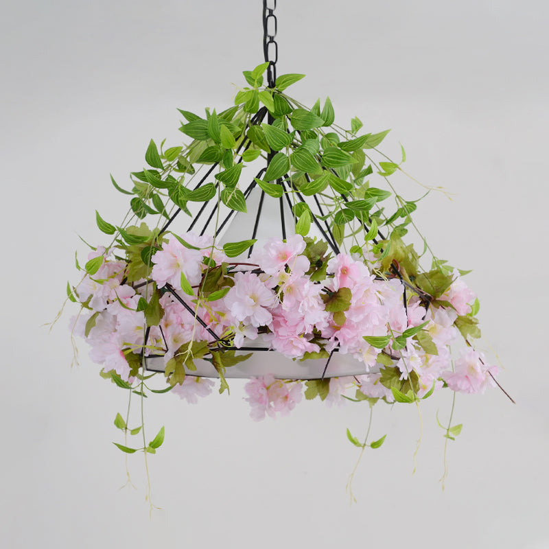 16.5"/19.5" W Black Diamond Cage Suspension Light Vintage Iron 1 Light Flower Restaurant Pendant with Fabric Shade Clearhalo 'Ceiling Lights' 'Pendant Lights' 'Pendants' Lighting' 1458129