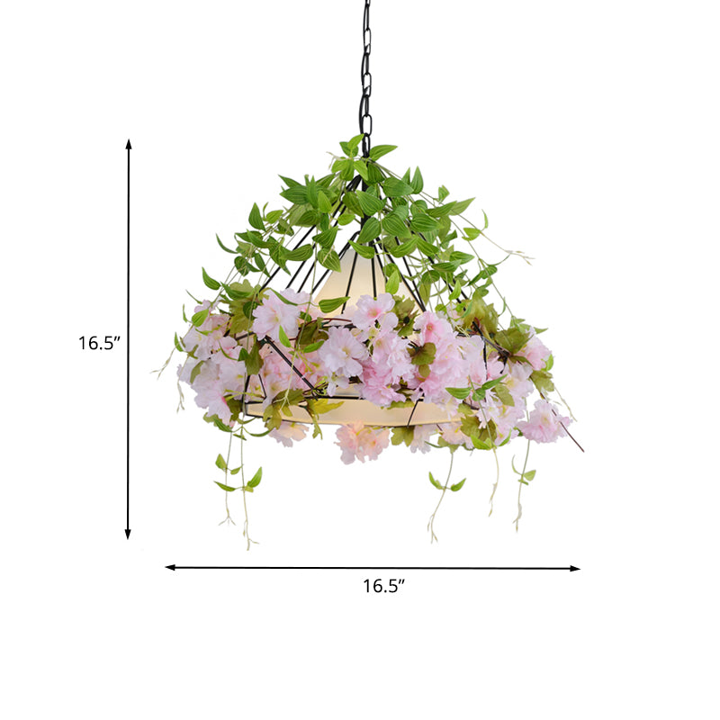 16.5"/19.5" W Black Diamond Cage Suspension Light Vintage Iron 1 Light Flower Restaurant Pendant with Fabric Shade Clearhalo 'Ceiling Lights' 'Pendant Lights' 'Pendants' Lighting' 1458130