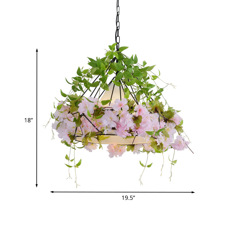 16.5"/19.5" W Black Diamond Cage Suspension Light Vintage Iron 1 Light Flower Restaurant Pendant with Fabric Shade Clearhalo 'Ceiling Lights' 'Pendant Lights' 'Pendants' Lighting' 1458131