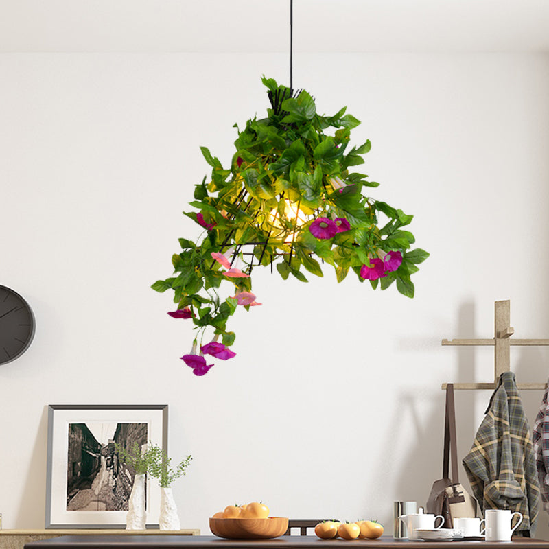 Iron Black Pendant Light Fixture Conical Cage 1-Bulb Industrial Suspension Lamp with Flower and Leaf Clearhalo 'Ceiling Lights' 'Pendant Lights' 'Pendants' Lighting' 1458159