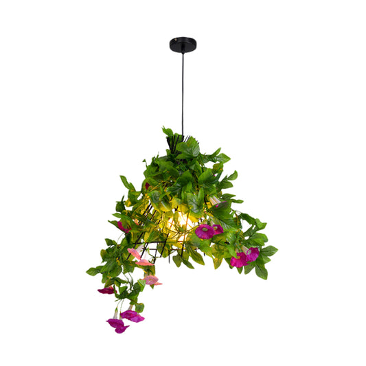 Iron Black Pendant Light Fixture Conical Cage 1-Bulb Industrial Suspension Lamp with Flower and Leaf Clearhalo 'Ceiling Lights' 'Pendant Lights' 'Pendants' Lighting' 1458160