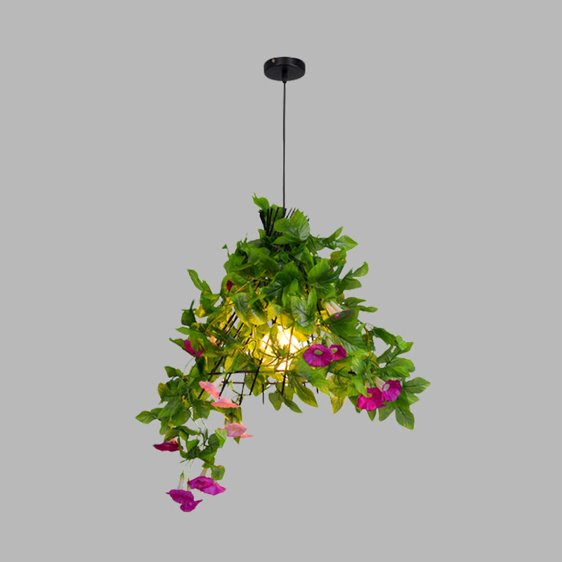 Iron Black Pendant Light Fixture Conical Cage 1-Bulb Industrial Suspension Lamp with Flower and Leaf Clearhalo 'Ceiling Lights' 'Pendant Lights' 'Pendants' Lighting' 1458161